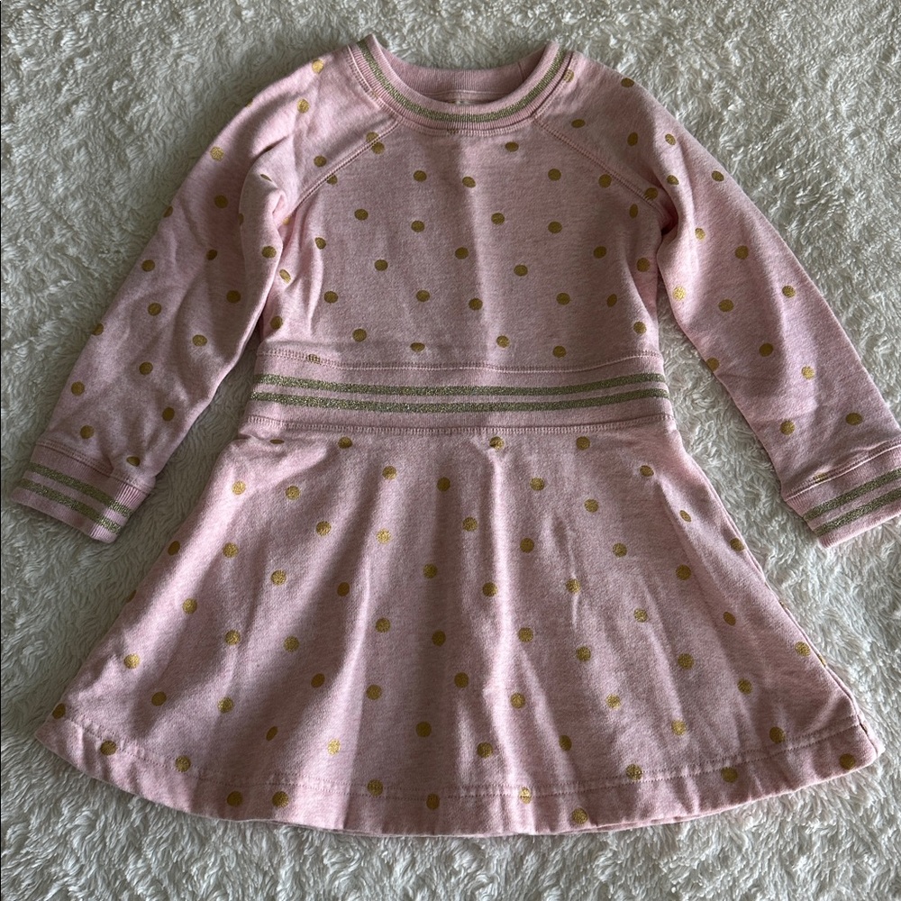 Mini Boden girls size 4-5 pink gold polka dot sweatshirt dress soft warm pull on